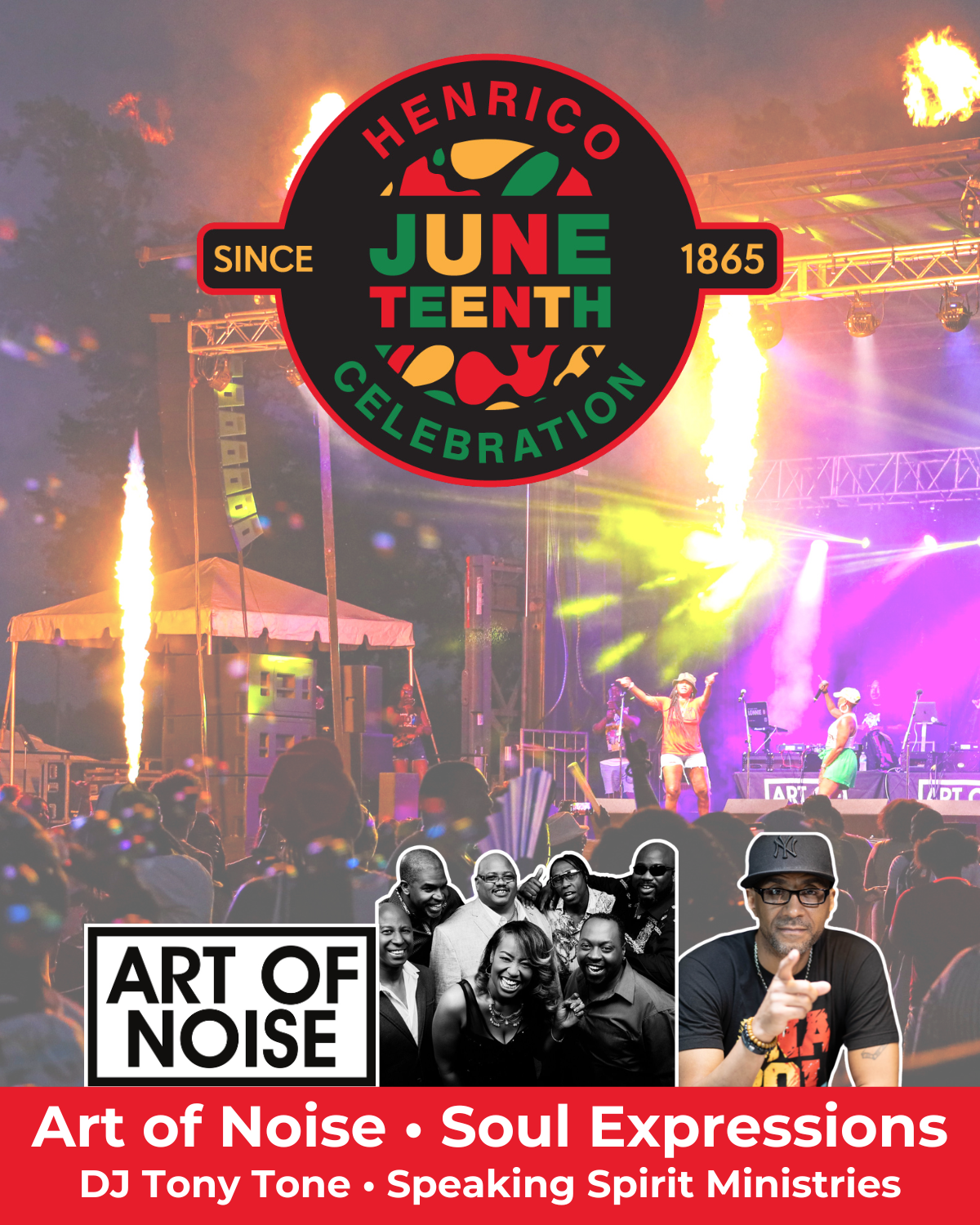 Photo of people on the stage at Juneteenth. Art of Noise, Soul Expressions, and DJ Tony Tone photos, along with Speaking Spirit Ministries name.