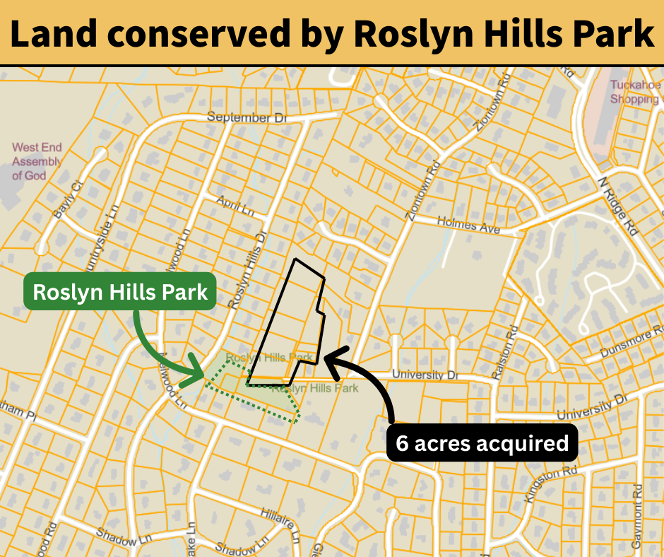 Map showing Roslyn Hills Park in a neighborhood with land being added for conservation.