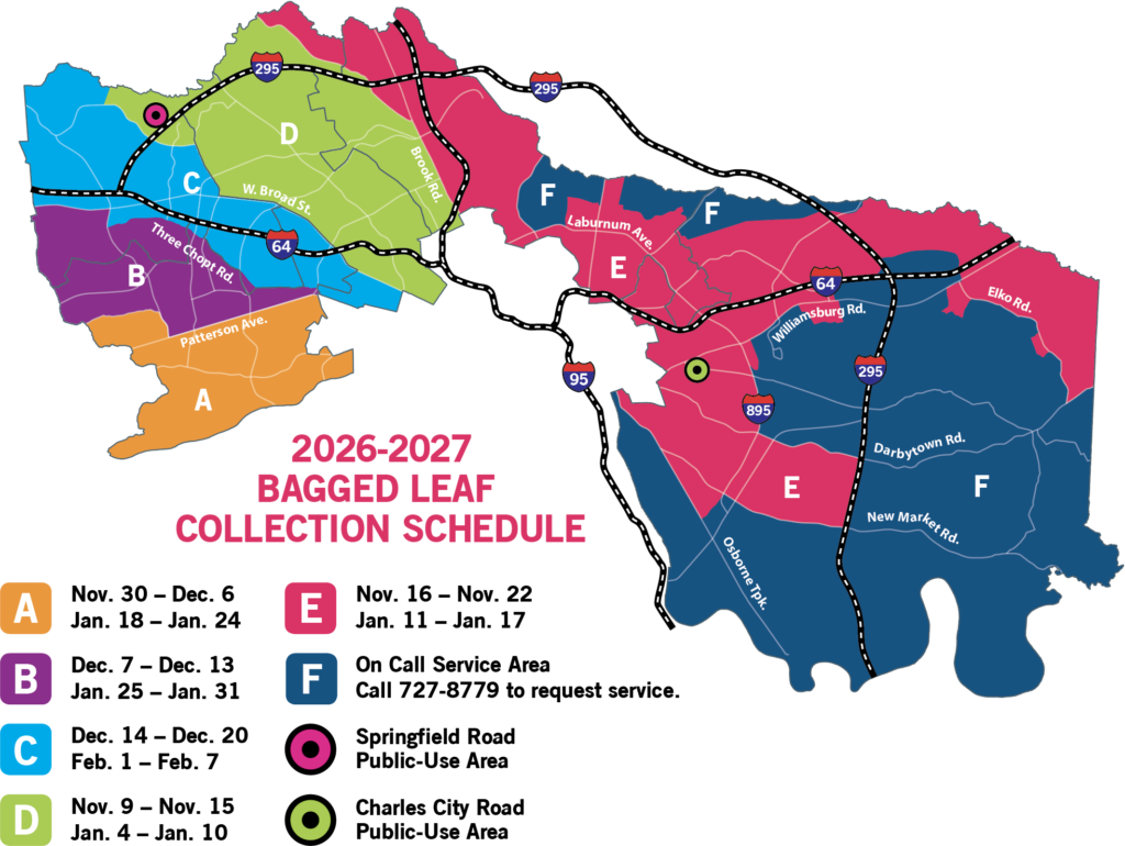 Map of bagged leaf collection areas for 2026 to 2027.