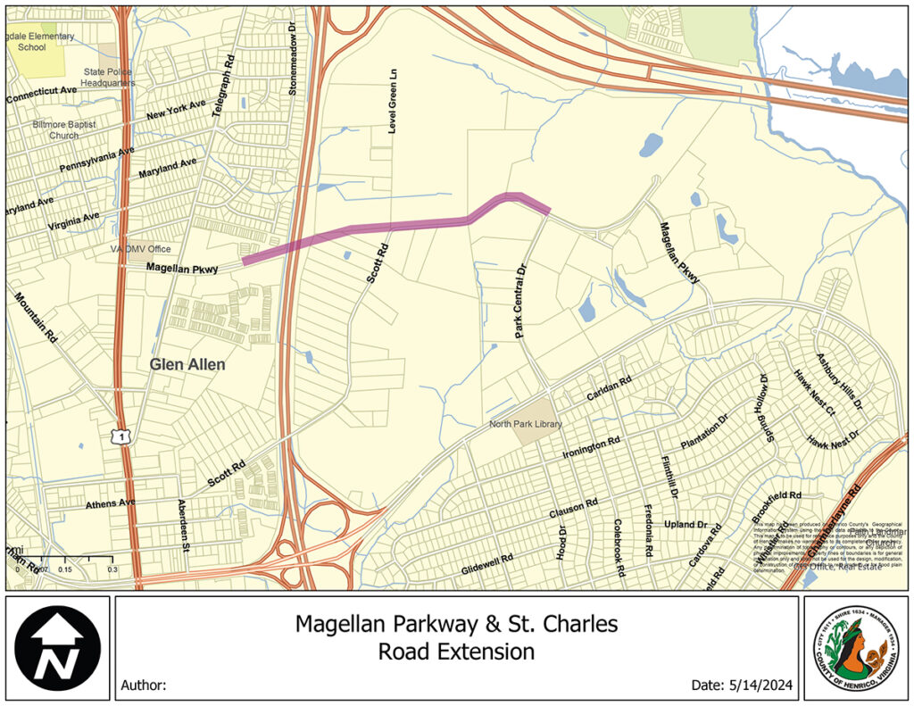 Map of planned Magellan Parkway with bridge over Interstate 95.
