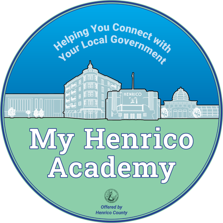 My Henrico Academy logo, with drawings of landmarks such as Henrico Theatre and Lewis Ginter Botanical Garden. Text reads, Helping You Connect with Your Local Government.