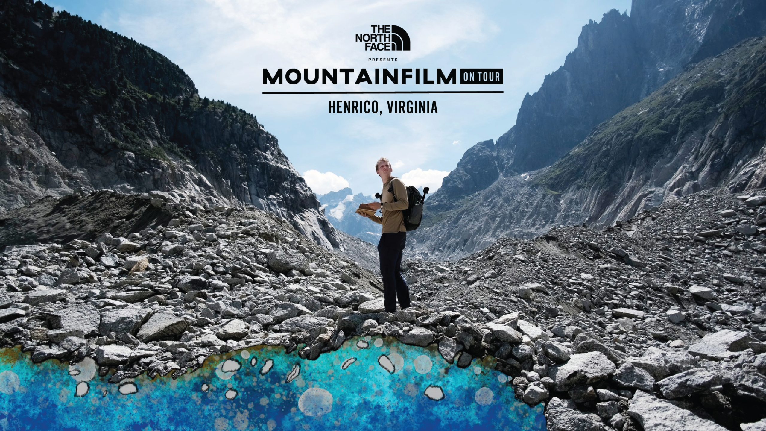Guy looking at a map while standing in the mountains. Text: The North Face presents Mountainfilm, Henrico Virginia