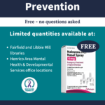 A graphic on overdose prevention. It includes a photo of a box of naloxone. Text reads, free, no questions asked, available at Fairfield and Libbie Mill libraries and office locations of Henrico Area Mental Health and Developmental Services. recovery/henrico.gov/treatment