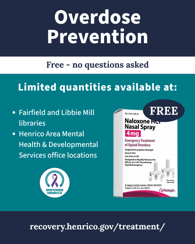 A graphic on overdose prevention. It includes a photo of a box of naloxone. Text reads, free, no questions asked, available at Fairfield and Libbie Mill libraries and office locations of Henrico Area Mental Health and Developmental Services. recovery/henrico.gov/treatment