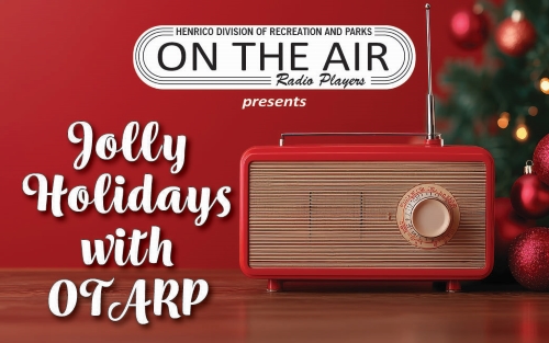 Jolly Holidays with On the Air Radio Players text with a small radio and a decorated tree