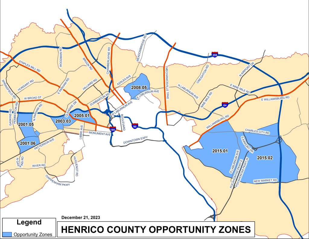 Image of a map showing the location of Opportunity Zones, identified in blue.