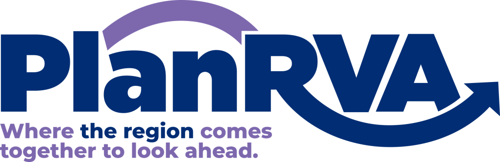 Logo of dark blue text PlanRVA with a purple & blue line curving from the L to below & after the A. Underneath, to the left, is purple & blue text Where the region comes together to look ahead