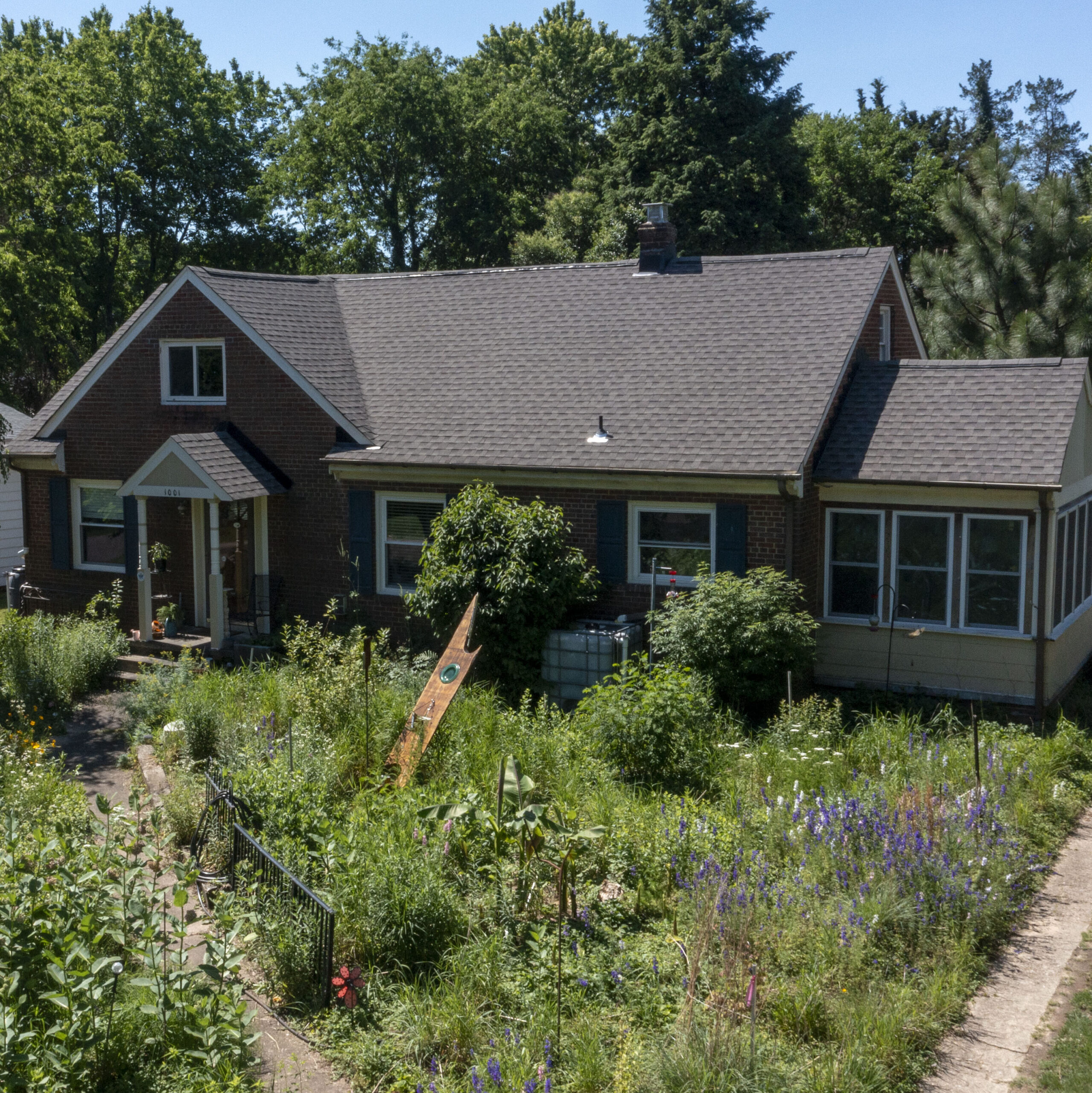 A bring house with a lush front yard full of native plants of various sizes and bloom colors.