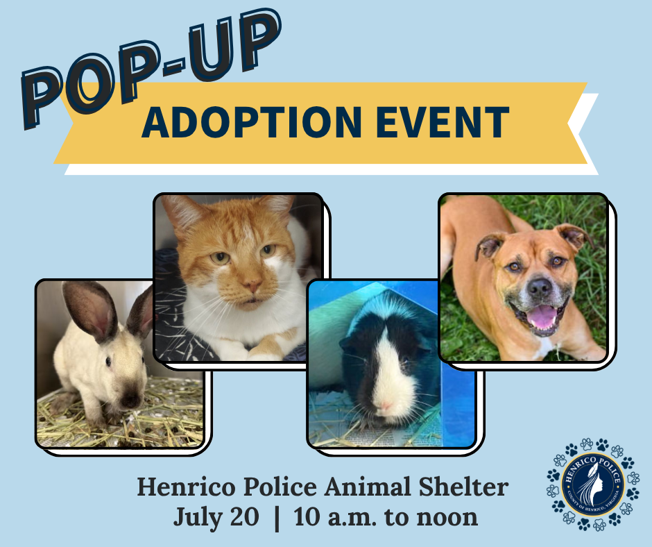 A graphic says "Pop-up Adoption event on July 20 from 10 a.m. to noon at the Henrico Police Animal Shelter."