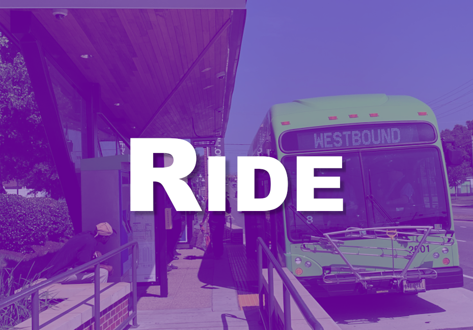 Photo of a bus stop by a building with  a green bus next to it. Ride is superimposed in white text.