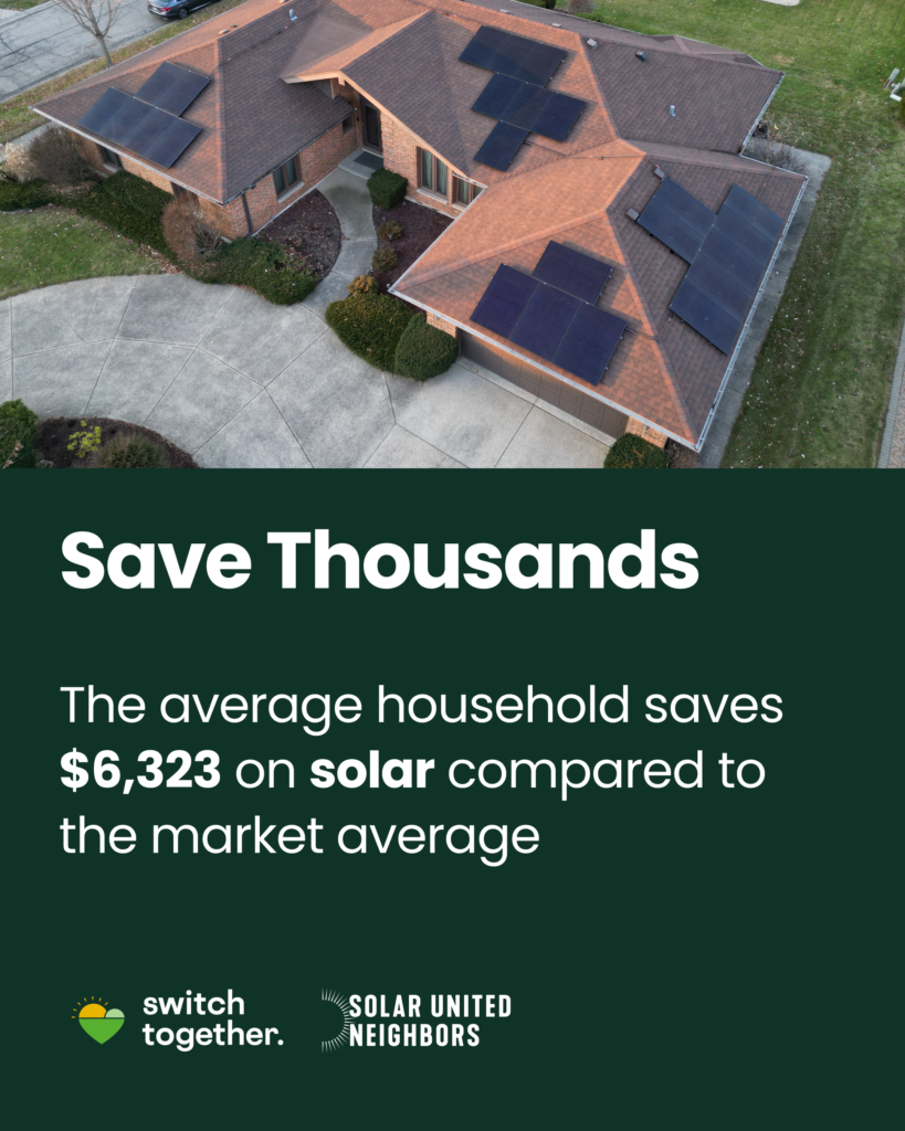 An aerial image of a house with solar panels on its roof. The words underneath the image say: "Save thousands. The average household saves $6,323 on solar compared to the market average."