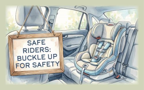 Text: Safe Riders Buckle Up for Safety with an image of a car seat in the back of a car.