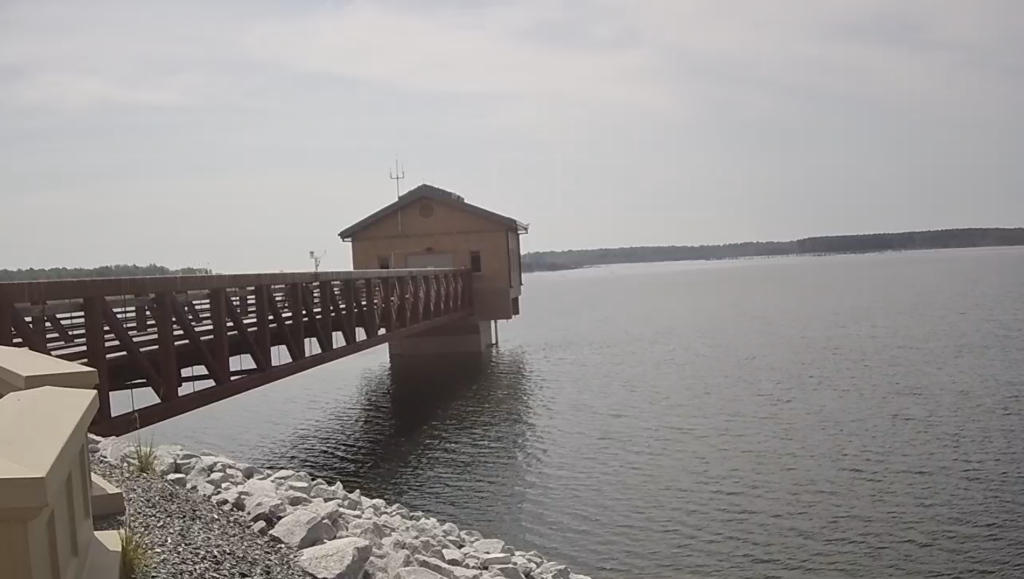 Screenshot of Virgil R. Hazelett Reservoir at Cobbs Creek live cam showing the almost full reservoir.