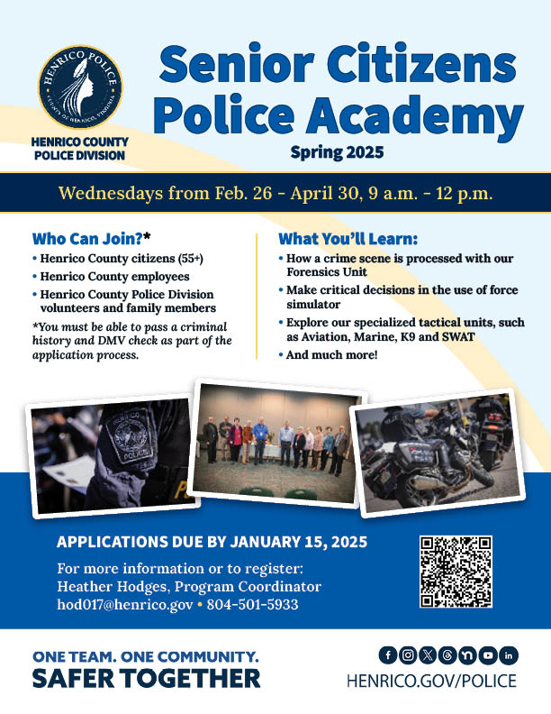 Senior Citizens Academy Flyer Spring 2025 images of police patches and motorcycles alongside information on how to sign up for this academy. 