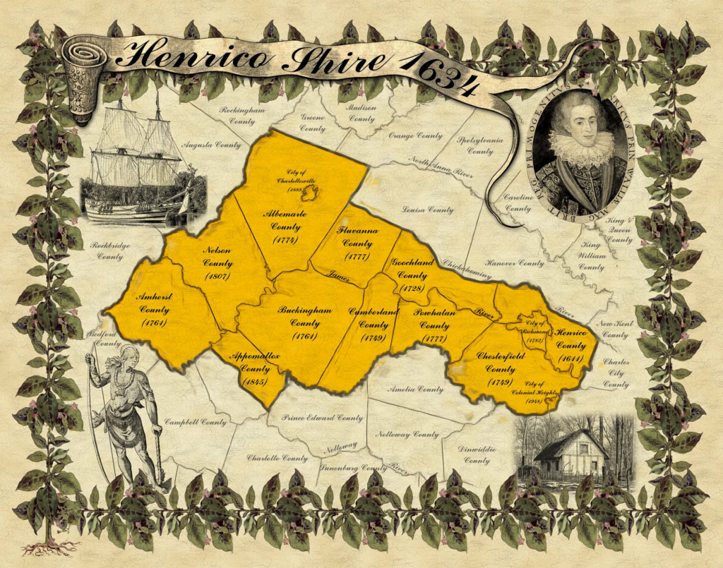 Map dated 1634 showing the 13 localities of central Virginia including the Henrico Shire.