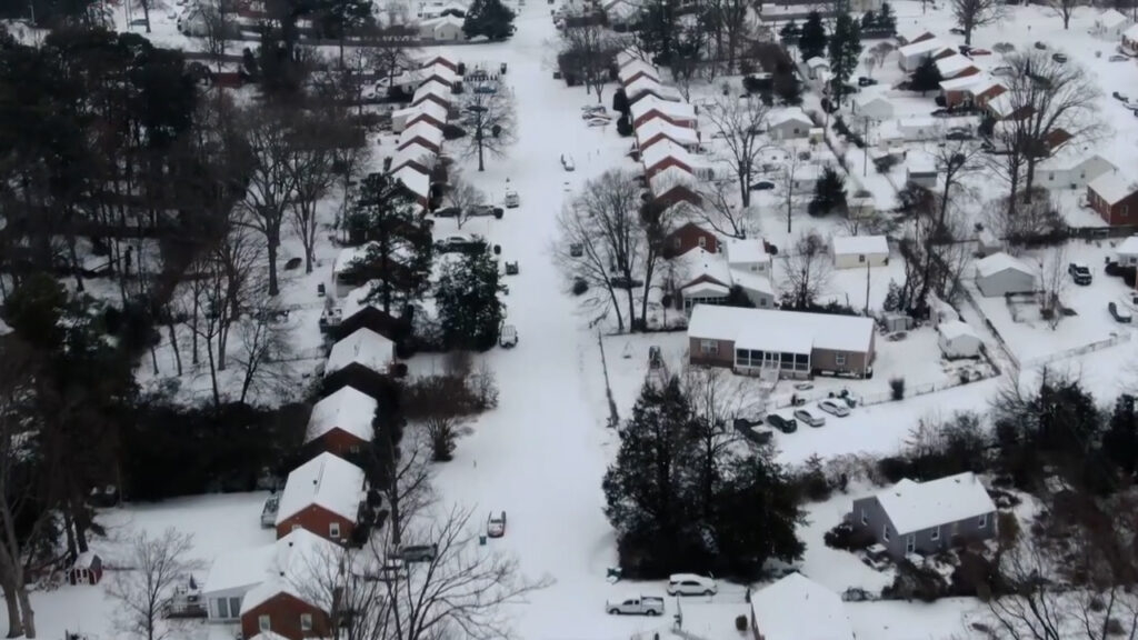 Aerial photo of a snow-covered neighborhood