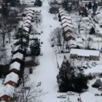 Aerial photo of a snow-covered neighborhood