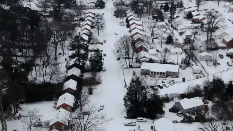 Aerial photo of a snow-covered neighborhood