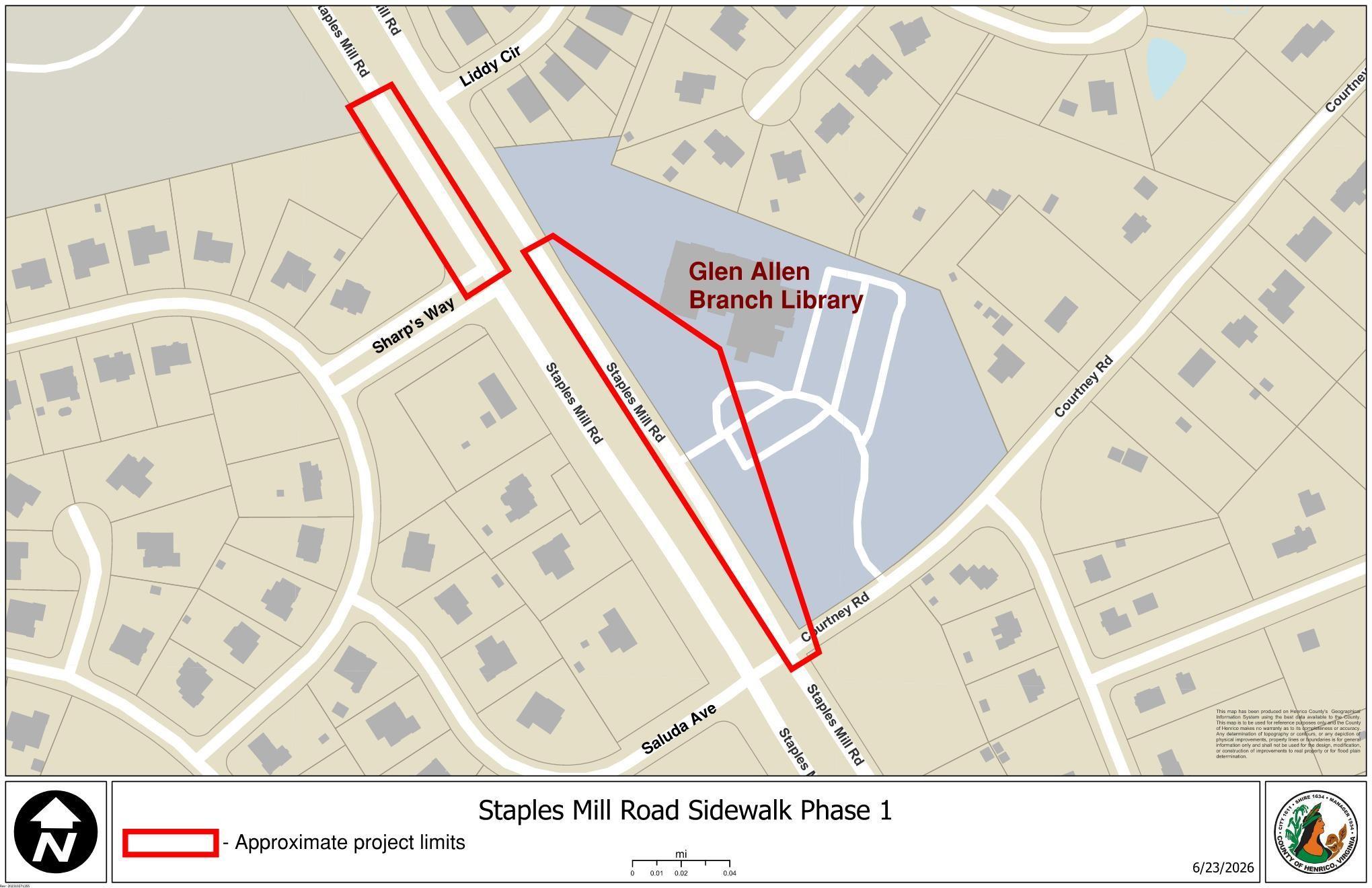 A GIS image showing the project limits of sidewalk improvements along Staples Mill Road.