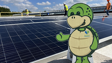 Stewart the turtle mascot cutout standing on a roof of Solar Panels