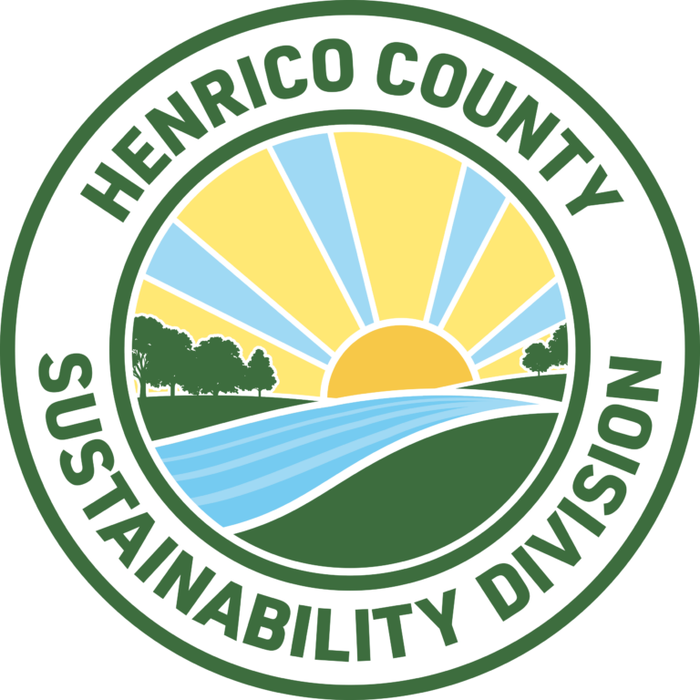 Logo of the Henrico County Sustainability Division. It includes an illustration of a sunrise with wide rays over a river.
