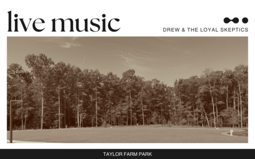 Open lawn surrounded by trees with text Live Music