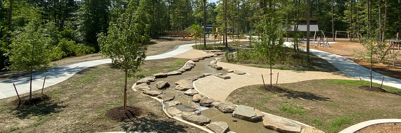 Park photo with trees, sidewalks, and a stream through the center.