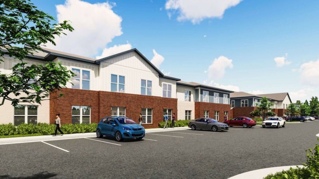 Artist rendering of a two-story residential building behind a parking lot with several cars parked.