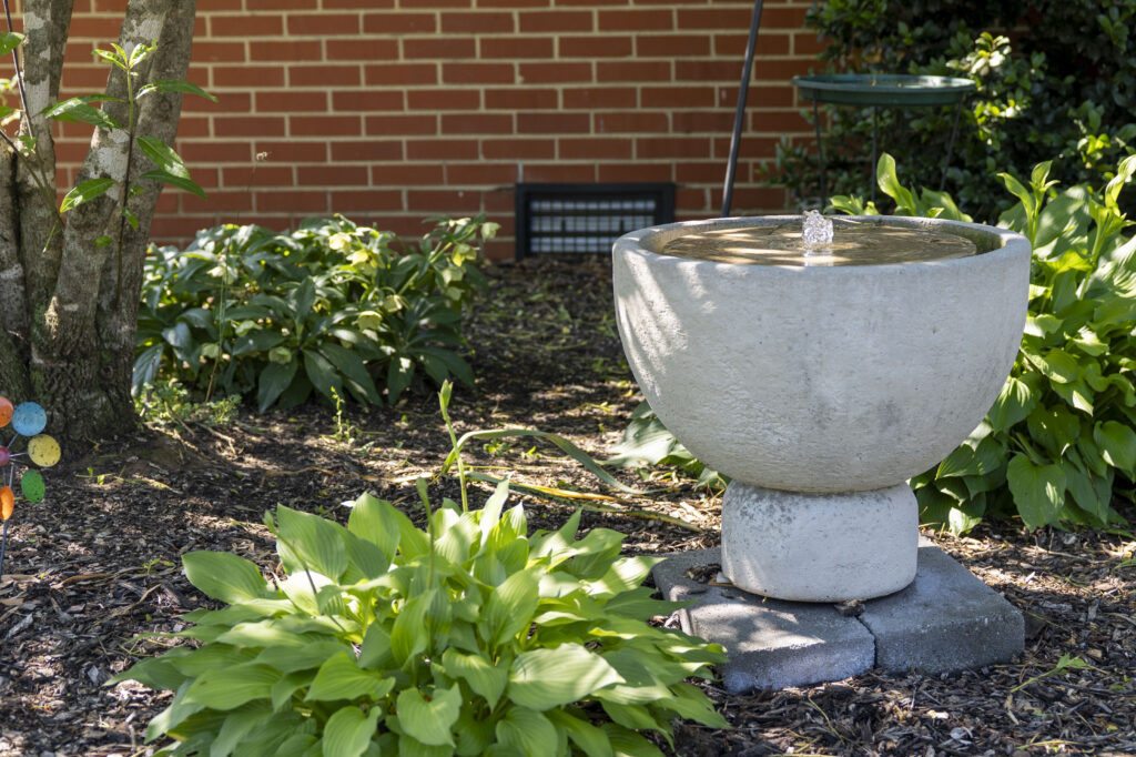 A water fountain sits among hostas in a landscaped garden plot.