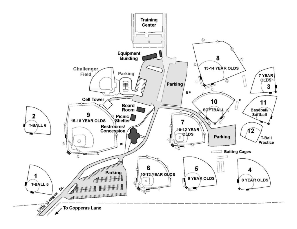 Map of Tuckahoe Park off Copperas Lane. Map labels include parking, 10-12 Year Olds Field, 9 Year Olds Field, 8 Year Olds Field, batting cages, T-Ball Practice Field, Baseball/Softball Field, 7 Year Olds Field, 13-14 Year Olds Field, Softball Field, 10-12 Year Olds Field, Training Center, Equipment Building, Challenger Field, Board Room, picnic shelter, restrooms, concessions, 15-18 Year Olds Field, T-Ball 6, and T-Ball 5.