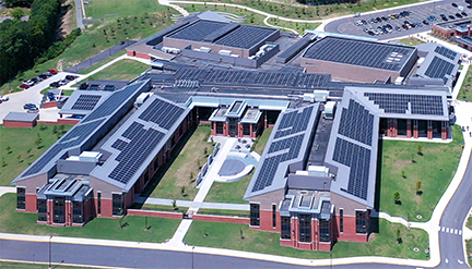 Aerial view of Tucker High School with Solar Panels on the roof