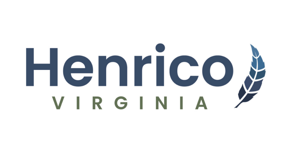 Henrico Virginia logo featuring bold navy text and a stylized blue feather graphic.
