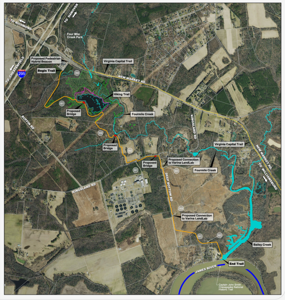 A map of a planned trail crossing Civil War battlefield and other historic property in southeastern Henrico.