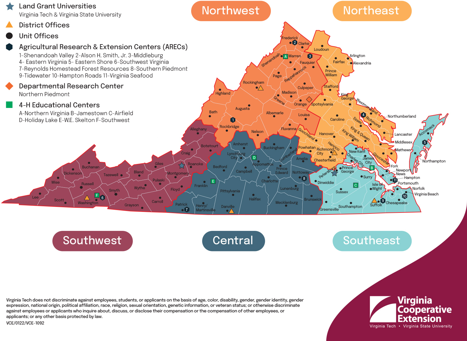 Map of Virginia with each office of Virginia Cooperative Extension indicated. 