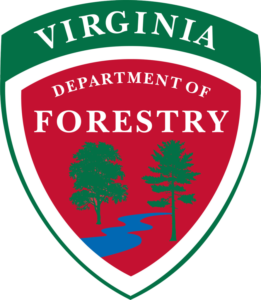 A badge shaped logo outlined in dark green with VIRGINIA in white letters at the top. Inside is a white border, then a red badge shaped graphic with DEPARTMENT OF FORESTRY in white with a silhouette of 2 green trees with a blue stream in between.