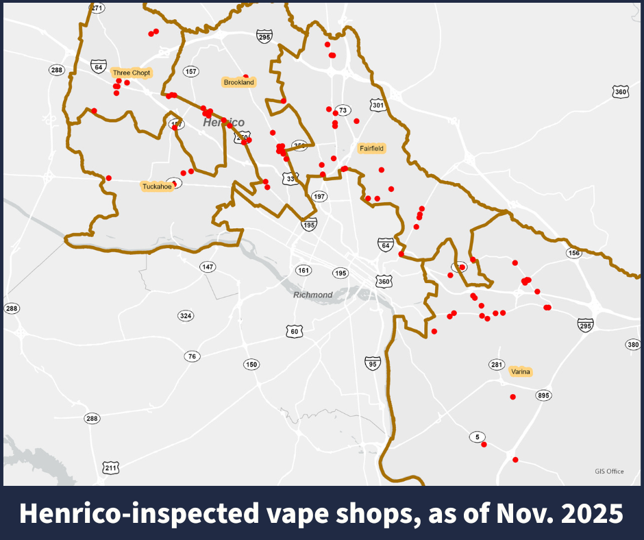 A map shows more than 80 dots on a map of Henrico, with a captions that says "county-inspected vape shops as of Nov. 2025."