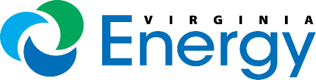 A photo of Virginia Energy Connect's logo, which has a circle on the left side, and one side of the circle is green, one side is dark blue, and one side is light blue.