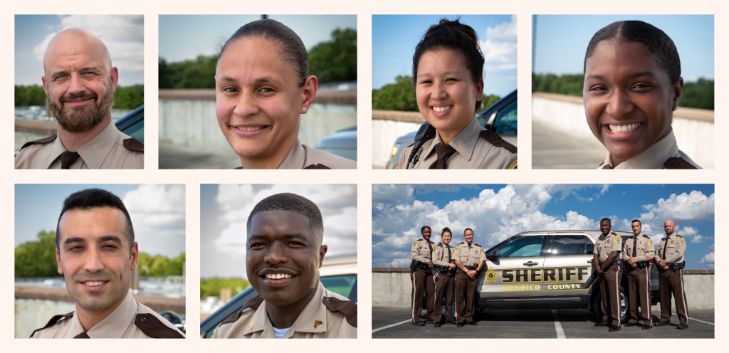 Faces of Men and Women Smiling and Group of Men and Women in front of a car