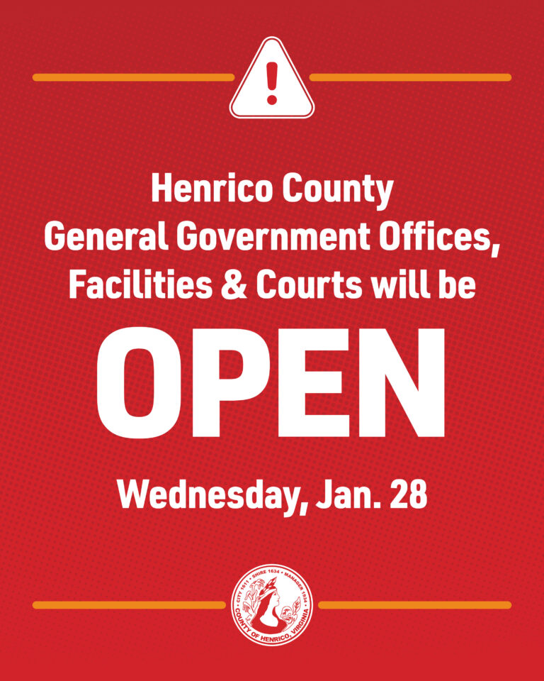 A graphic says "Henrico County general government offices, facilities and courts will be open Wednesday, Jan. 28."