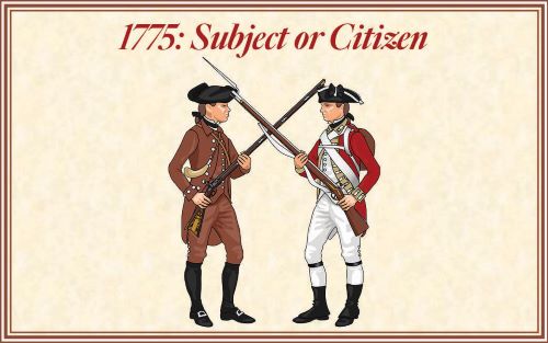 Title 1775: Subject or Citizen with a graphic of two soldiers.