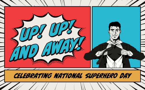 Title Up, Up, and Away with a cartoon character of a superhero.