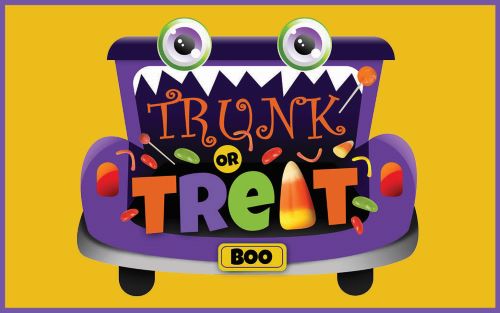 Graphic with text Trunk or Treat, the trunk of a car and candy.