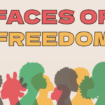 Faces of Freedom with yellow, red, and green silhouettes