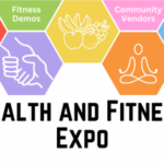Colorful image with "Health and Fitness Expo" text. Outlines of a heart, shaking hands, fruit, yoga, and sleep. Fitness demos and community vendors in two of the shapes, as well.