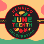 Juneteenth Celebration image with dates and red, yellow, and green blobs