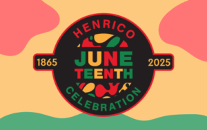 Juneteenth Celebration image with dates and red, yellow, and green blobs