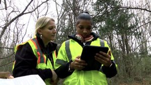 HCPS students in neon vests assist with a tree survey.