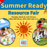 Graphic for free Summer Ready Resource Fair on March 26 at Libbie Mill Library. Photos of children's activities and sports are shown.