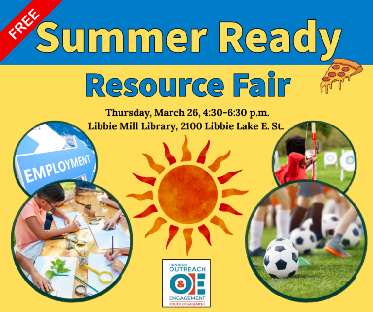 Graphic for free Summer Ready Resource Fair on March 26 at Libbie Mill Library. Photos of children's activities and sports are shown.