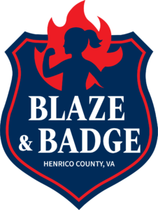 Silhouette of a girl in front of red flames on a navy blue shield with Blaze & Badge Henrico County, VA text.